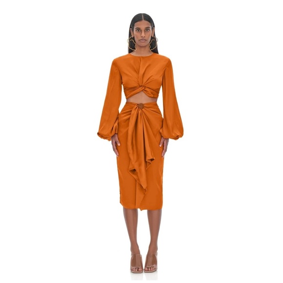 Andrea Iyamah | Bubble Sleeve Front Twist Satin Behati Rust Cropped Top | XS - Picture 3 of 15